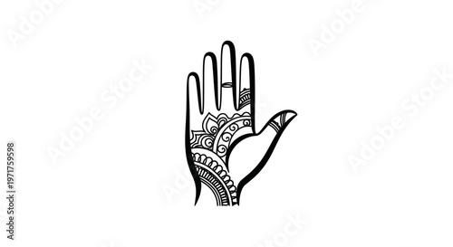 Hand with intricate henna mehndi design, isolated on white background
