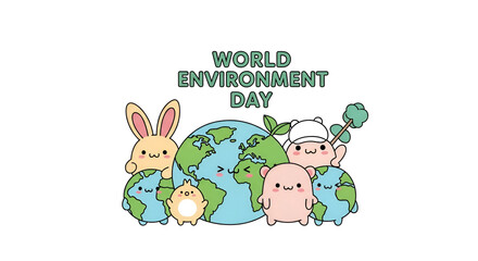 Cute cartoon animals hugging planet Earth, celebrating world environment day, adorable characters, earth day concept, eco friendly illustration