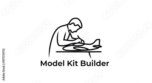 Man building model airplane kit, hobby, crafting, precision work, focus, line art illustration
