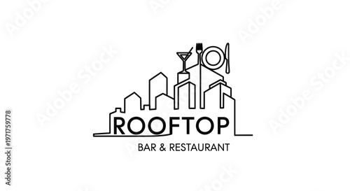 Rooftop Bar & Restaurant Logo: City Skyline with Martini Glass and Cutlery