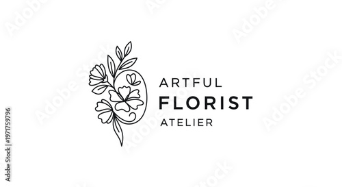 Minimalist floral logo for 'Artful Florist Atelier' with elegant line art