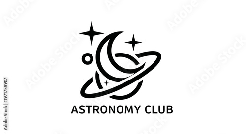 Astronomy Club Logo: Crescent Moon, Ringed Planet, Stars, Orbit, Space Exploration