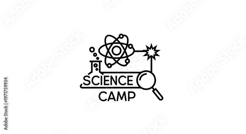 Science Camp Logo: Atom, Flask, Magnifying Glass, Spark