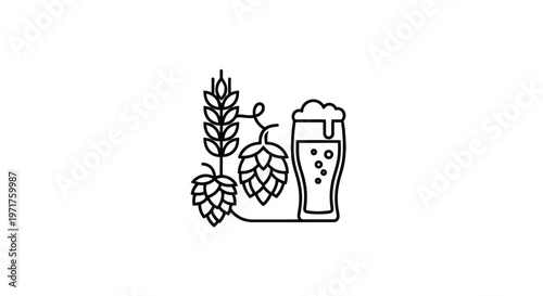 Beer icon with hops and barley for brewing process, outline vector illustration
