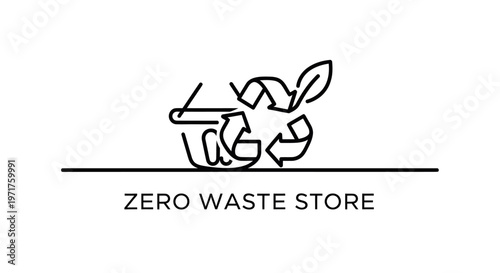 Zero Waste Store Icon: Shopping Basket with Recycling Symbol and Leaf