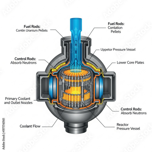 Diagram illustrating the internal components and workings of a nuclear reactor, including fuel rods and control rods