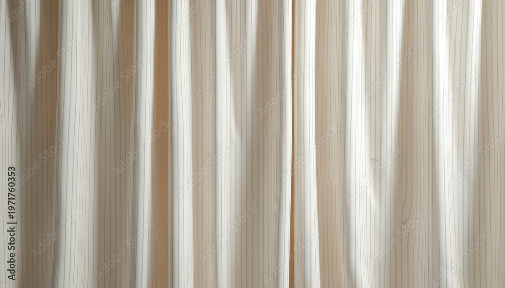 Obraz premium Gentle neutral fabric drapes with subtle vertical pinstripes. Soft folds create depth and shadow play. Ideal backdrop for minimalist design and modern interiors.