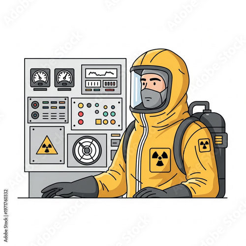 Scientist in protective suit working with advanced control panel in research laboratory - safety and technology in nuclear science