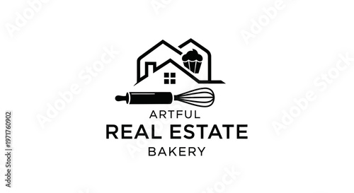 Artful Real Estate Bakery Logo: House, Cupcake, Rolling Pin, Whisk