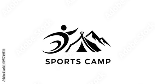 Sports Camp Logo: Active Person, Tent, Mountains