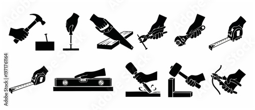 Hand Tools Black Set: Hammering, Sawing, Measuring, Leveling, and Cutting in Repair, Construction, and Home Improvement Projects - Essential Gear for DIY, Carpentry, and Renovation