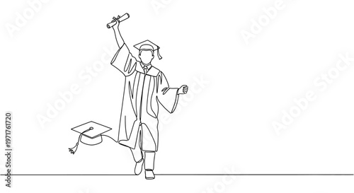 Continuous line art drawing of a proud graduate in a cap and gown holding a diploma and cap in the air, celebrating achievement and success