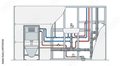 Bathroom Plumbing System Cross-Section Illustration with Water Supply and Drainage Pipes Behind the Wall