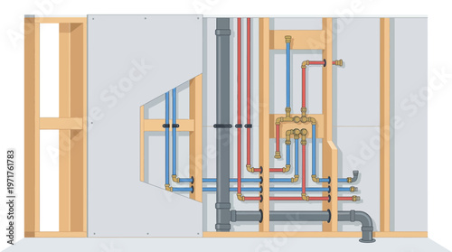 Technical Illustration of Residential Wall Plumbing and Framing with Hot and Cold Water Supply and Drainage System