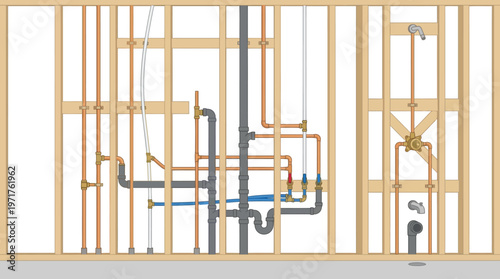 Schematic Illustration of Residential Indoor Plumbing System with Copper and PVC Pipes inside Wooden Wall Studs - Home Construction and Renovation Concept
