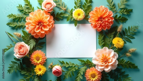 Flat lay composition with vibrant dahlia and rose flowers green leaves and blank white card. Natural floral arrangement for greeting or invitation background.