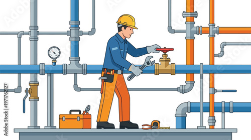 Maintenance Technician or Plumber Repairing Complex Industrial Pipe System Vector Illustration