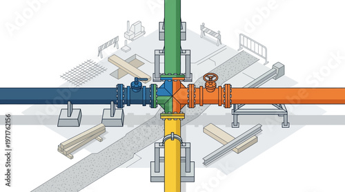 Colorful Industrial Pipeline Hub with Cross Junction and Valves on Construction Site Infrastructure Illustration