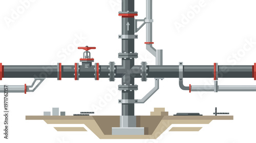 Industrial Pipeline System with Valve and Flanges - Flat Vector Illustration of Water, Gas, or Oil Infrastructure Engineering Design