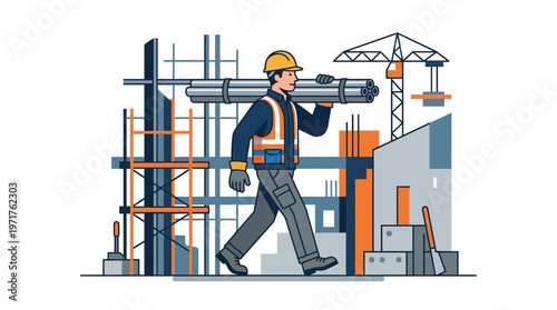 Construction Worker Carrying Steel Pipes at a Building Site, Flat Design Vector Illustration for Industrial and Architectural Projects
