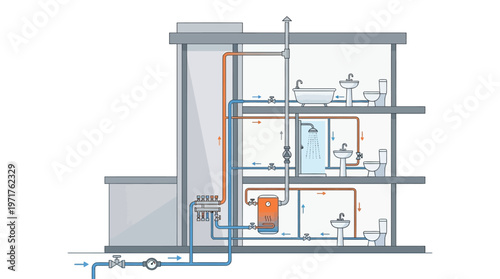 House Plumbing System Vector Illustration Showing Residential Water Supply Heating and Drainage Infrastructure for Three-Story Building