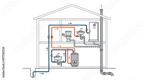 Residential House Plumbing System Diagram: Vector Illustration of Water Supply, Drainage, and Infrastructure Layout