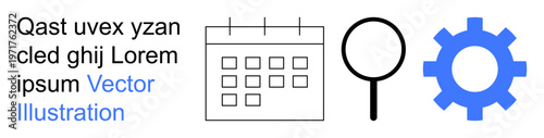 Productivity, task management, system optimization, business strategy, data analytics, workflow. Calendar, magnifying glass gear icon displayed side by side. Productivity and task management