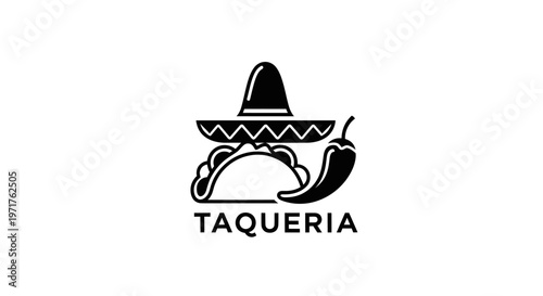 Mexican Taqueria Logo: Taco, Sombrero Hat, Chili Pepper, Text