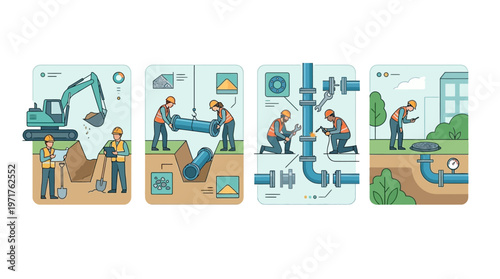 Pipeline Construction and Maintenance Infographic: Step-by-Step Underground Utility Installation and Engineering Process