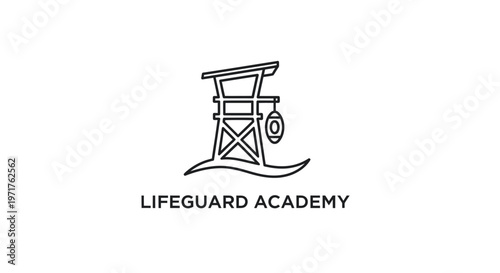 Lifeguard Academy Logo: Line Art Lifeguard Tower with Lamp on Wave