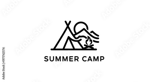 Summer Camp Icon: Tent, Mountains, Sun, Campfire - Minimalist Outdoor Adventure Logo