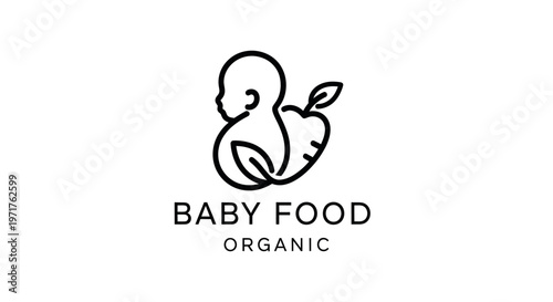 Baby food logo with organic apple and leaf icon, healthy eating concept