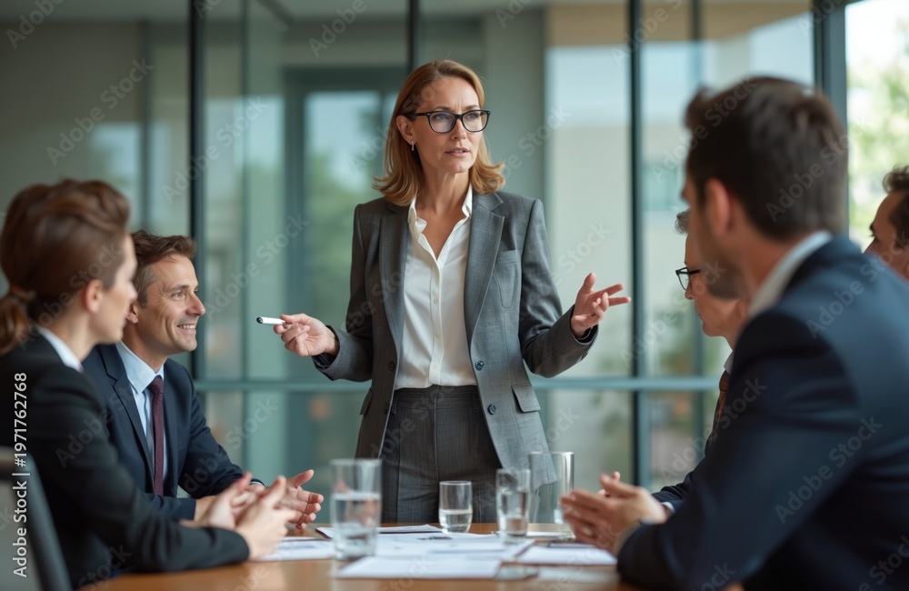 Fototapeta premium Businesswoman leads team meeting discussing strategy. Colleagues listen attentively in modern office boardroom. Professionals collaborate on project ideas, sharing knowledge and expertise.