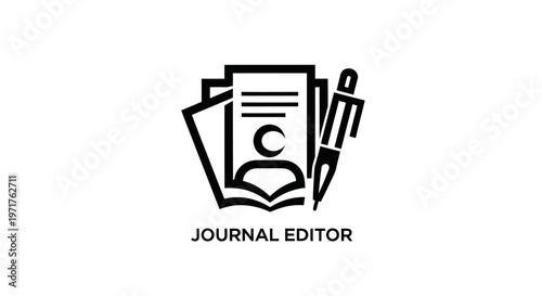 Journal Editor Icon: Person Profile, Document, Pen, Open Book, White Background