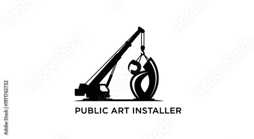Crane installing abstract sculpture in public space, construction art installation