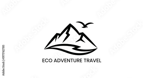 Minimalist Eco Adventure Travel Logo: Mountain Peak and Bird Silhouette