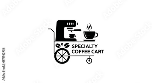 Black and white logo of a specialty coffee cart with espresso machine and coffee cup.