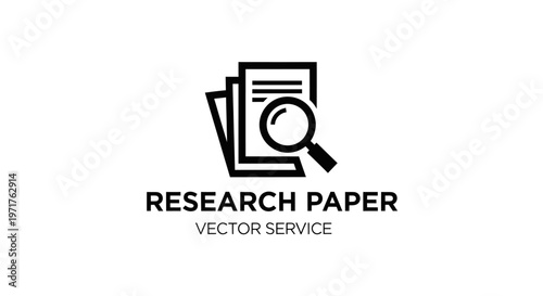 Research paper icon with magnifying glass, vector service, document analysis