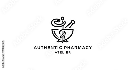 Authentic Pharmacy Atelier Logo - Mortar Pestle and Caduceus Symbol