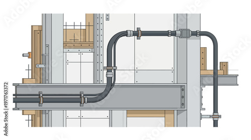 Technical Illustration of Electrical Conduit and Piping Integrated with Steel I-Beam Structure in Building Construction Detail