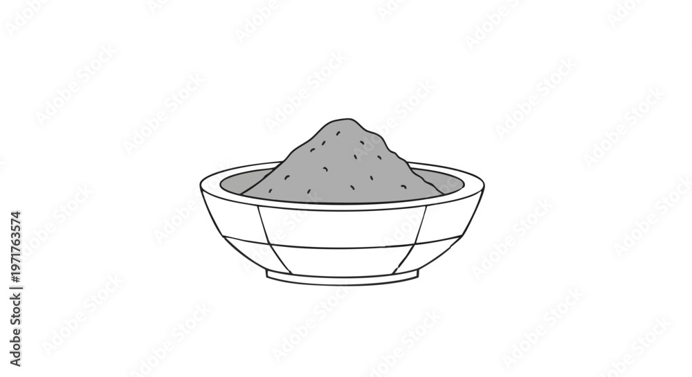 Obraz premium Vector illustration of a pile of ash or gray powder in a bowl. Minimalist black and white line art isolated on a white background