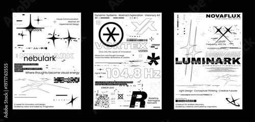 Modernism and brutalism posters in monochrome A4 format with glitch and chaos effects. Y2K and Swiss style, minimal and anti-design vibe. Posters reflect modernist poster art and glitch aesthetics.