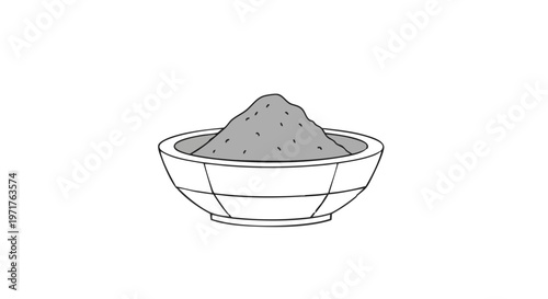 Vector illustration of a pile of ash or gray powder in a bowl. Minimalist black and white line art isolated on a white background