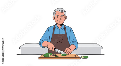 Happy elderly man in an apron slicing green vegetables on a cutting board. Isolated vector illustration on a white background