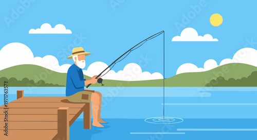 Elderly man fishing on a wooden dock by the lake on a sunny day