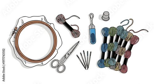 Hand drawn embroidery kit with hoop, floss, and scissors. Craft hobby concept with copy space