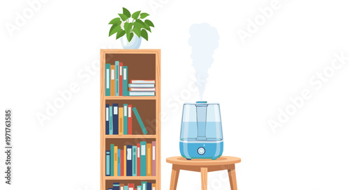 Air humidifier steaming on a stool next to a bookshelf with a houseplant. Concept of home comfort and air quality