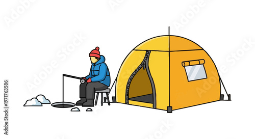 Person ice fishing in winter with a yellow tent shelter. Vector illustration