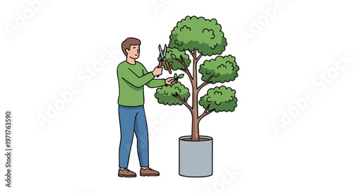 Man pruning an indoor potted tree with shears. Vector illustration of home gardening and plant care hobby