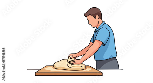 A man carefully folds and kneads dough on a wooden board. Isolated vector illustration for culinary concepts